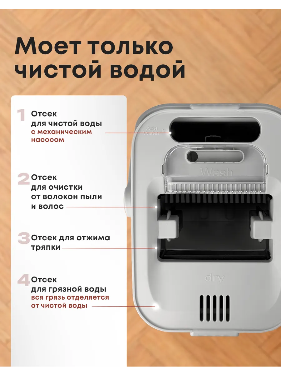 Умная швабра с отжимом и ведром с разделением воды для пола